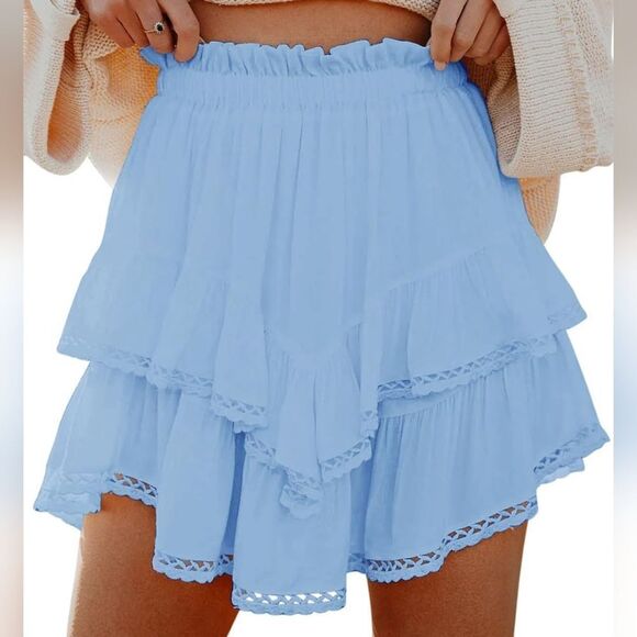 Light Blue Cowgirl Style Lace Trim Ruffled Skirt - Picture 3 of 4